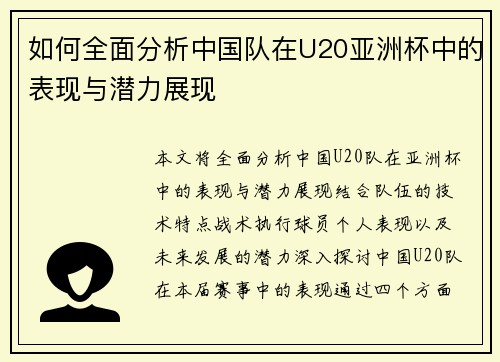 如何全面分析中国队在U20亚洲杯中的表现与潜力展现